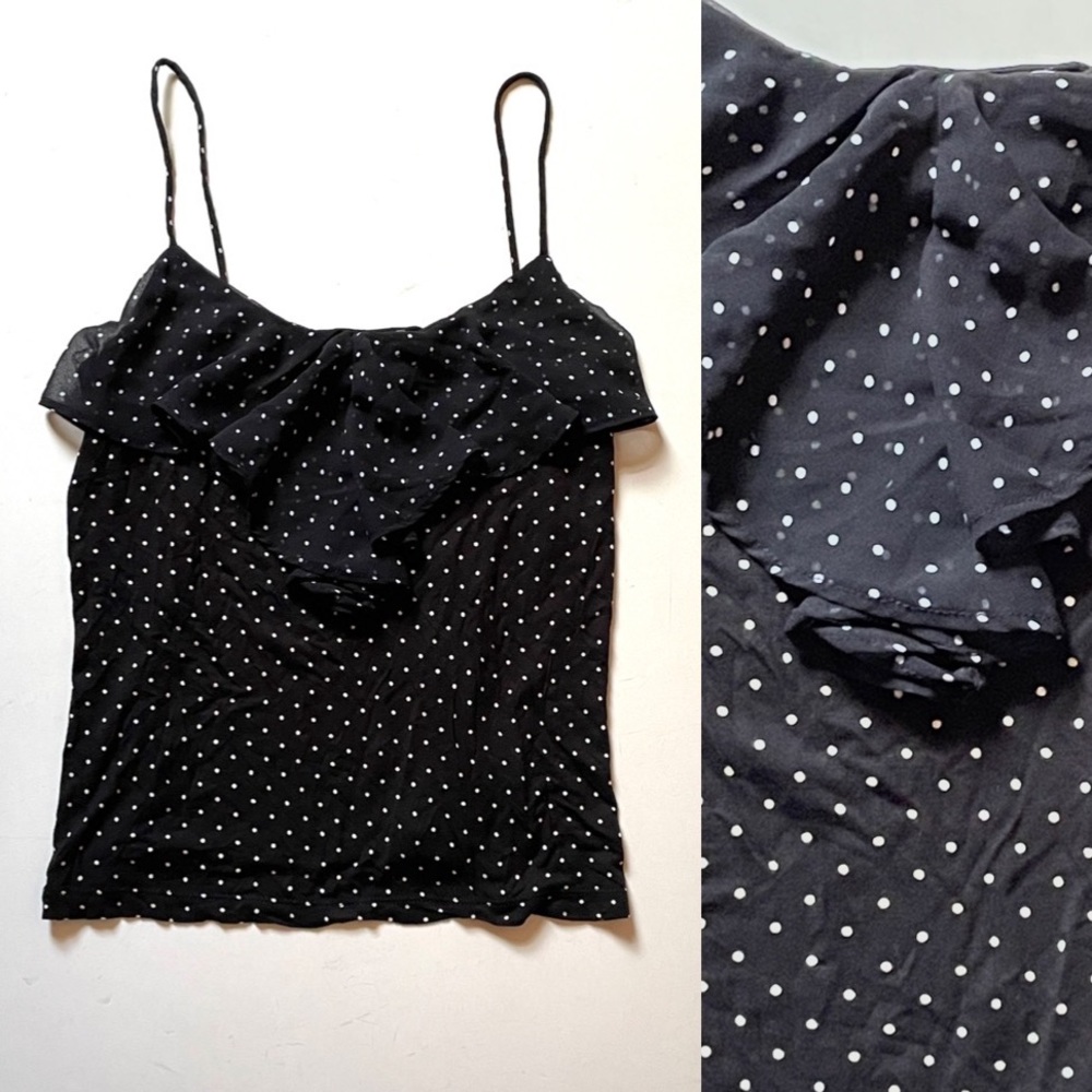 knit tank top stretchy with chiffon ruffle neck size M polka dots